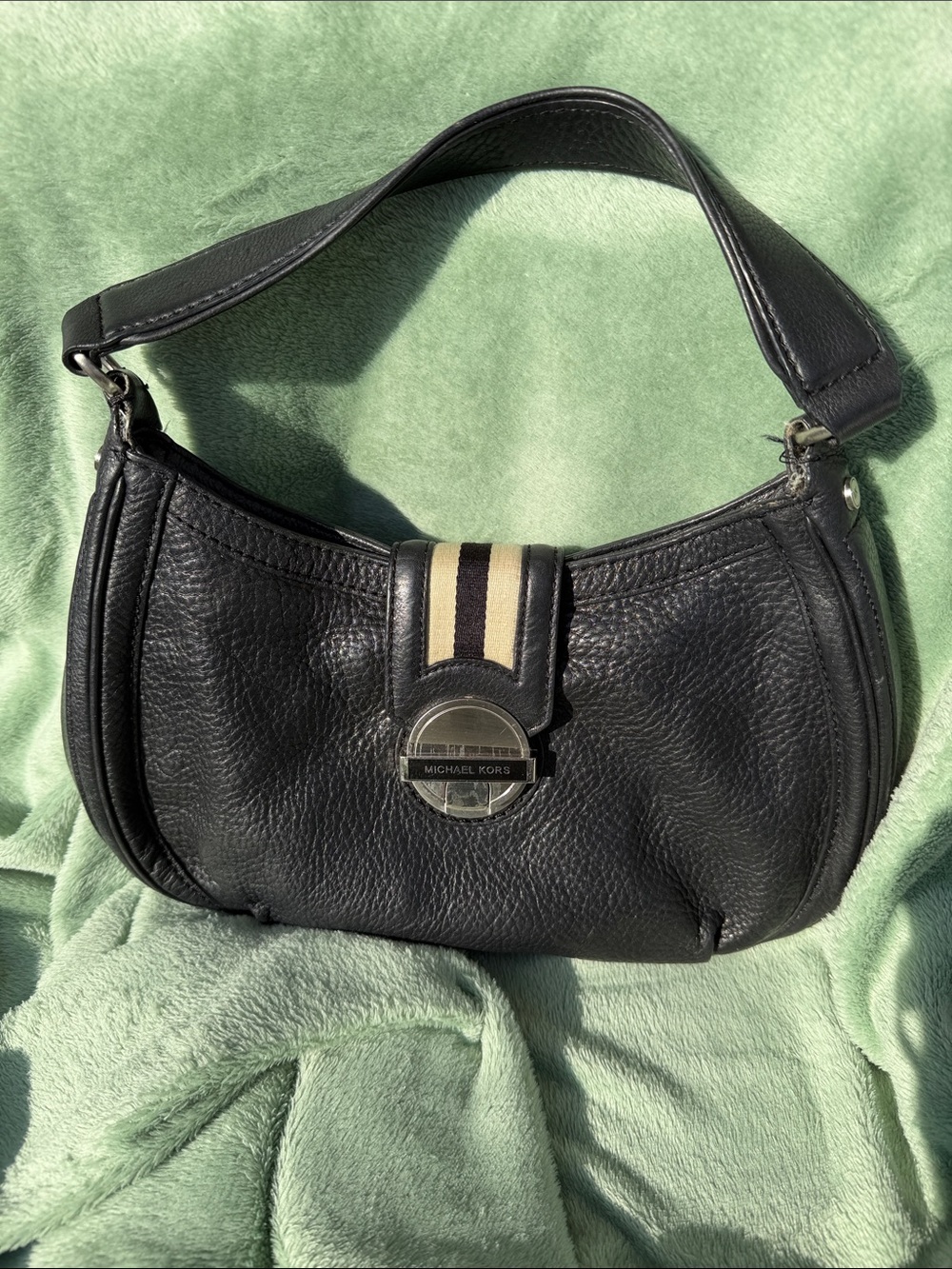 Michael Kors Black Leather Shoulder Bag with Cream and Black Stripe Accent